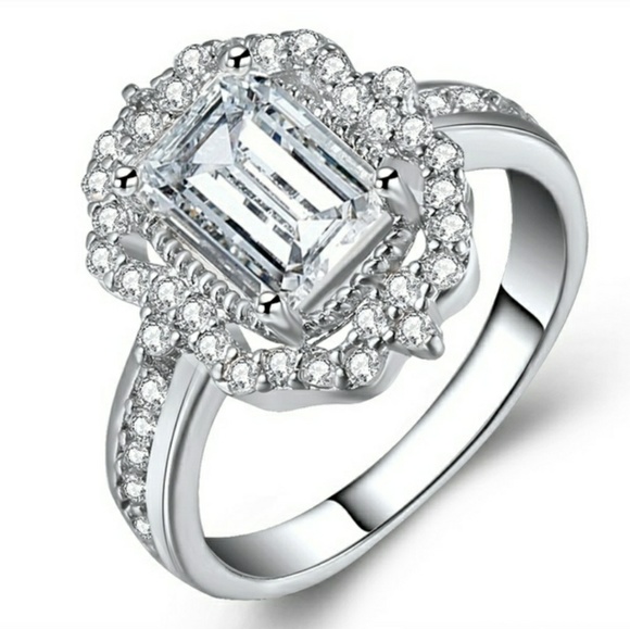 Silver Radiant halo engagement ring - Picture 3 of 7